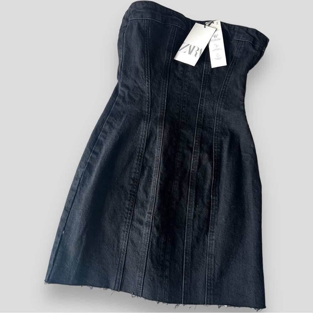 Zara Denim off - the-shoulder dress with a metallic side zip